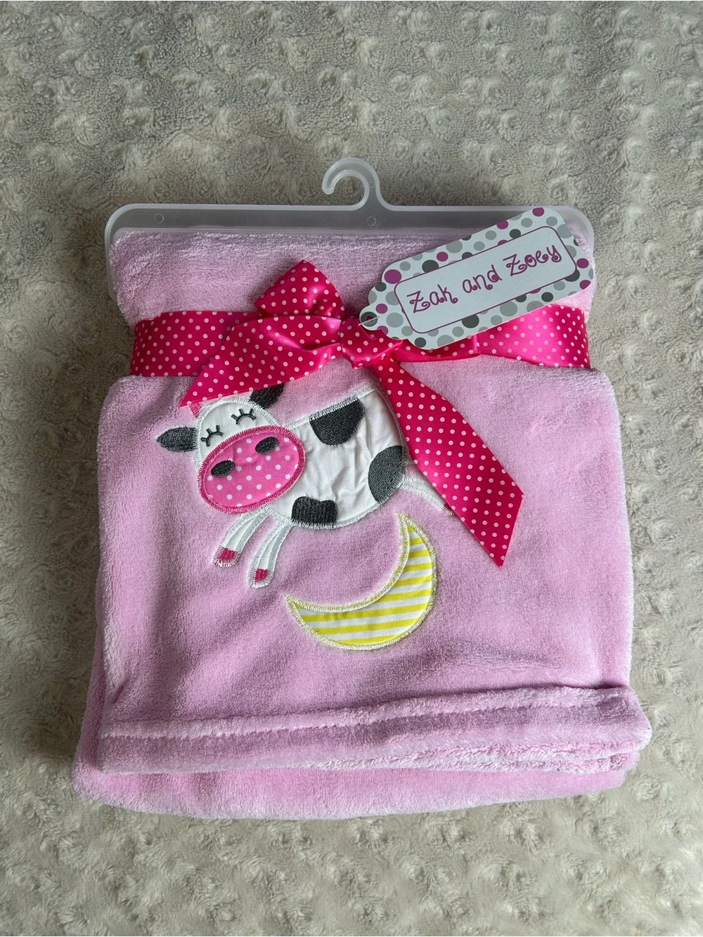 Zak & Zoey Cow Jumping Over the Moon Pink Baby Blanket Gray White Yellow NEW